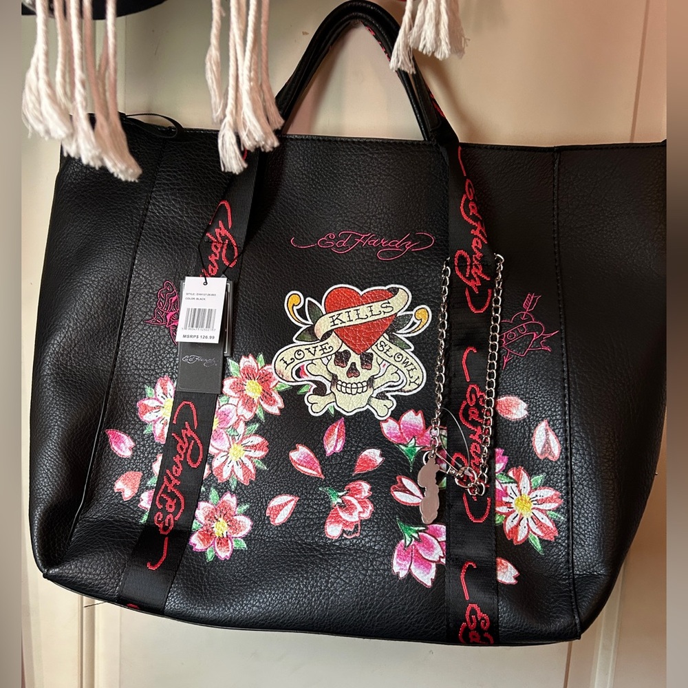 Ed Hardy Black Floral Extra Large Tote